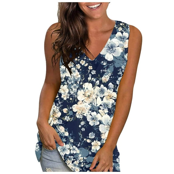 Fshinging Women Vintage Flower Print Tank Tops Summer Loose V Neck Sleeveless Shirts Fashion Clothing Camisoles