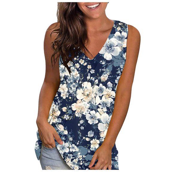 Fshinging Women Vintage Flower Print Tank Tops Summer Loose V Neck Sleeveless Shirts Fashion Clothing Camisoles