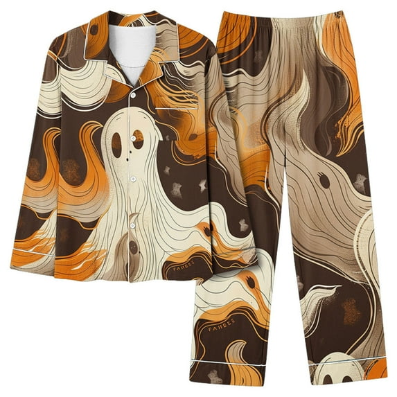 Fshinging Women's 2 Piece Lounge Set Cartoon Pumpkin Print Long Sleeve Lapel Button Down Shirts And Casual Wide Leg Straight Pants Loungewear