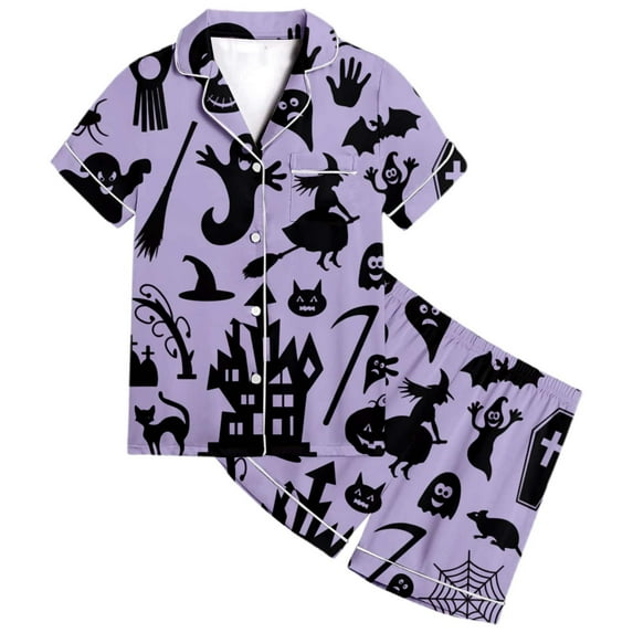 Fshinging Women's 2 Piece Lounge Set Cartoon Pumpkin Print Long Sleeve Lapel Button Down Shirts And Casual Wide Leg Straight Pants Loungewear Sleepwear