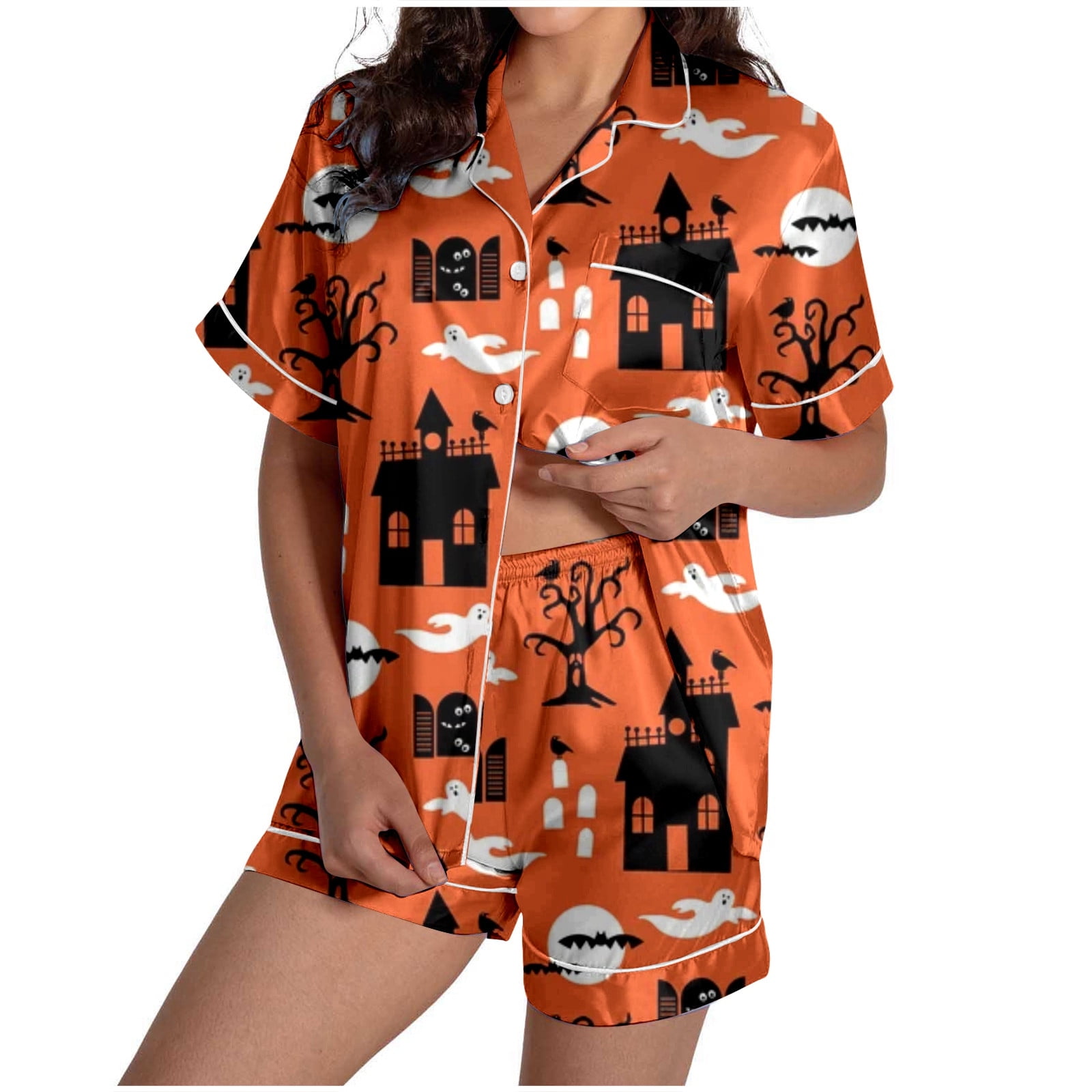 Halloween Ghost Print Button Up Top and Pants Lounge Set
