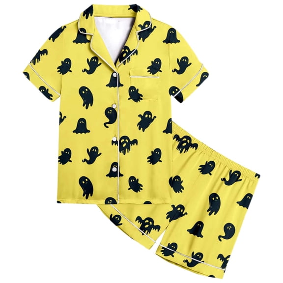 Fshinging Women's 2 Piece Loungewear Set Lace Hem Deep V Spaghetti Strap Sleeveless Bottoms 2 Piece Set Summer Pumpkin Bat Print Cami Sleepwear Pjs