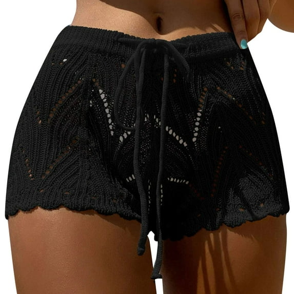 Fshinging Women's Beachwear Swimsuit Solid Color Crochet Shorts High Waist Drawstring Beach Shorts Bikini Cover Ups