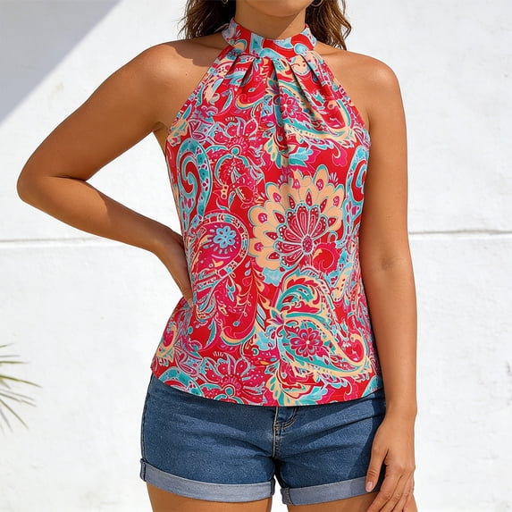 Fshinging Women's Floral Print Halter Neck Tank Top Casual Sleeveless Blouse Pink L