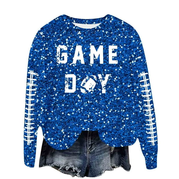 Fshinging Women's Football Sweatshirt Game Day Glitter Sequin Print Long Sleeve Crew Neck Sunday Graphic Pullover Y2K Rugby Clothes