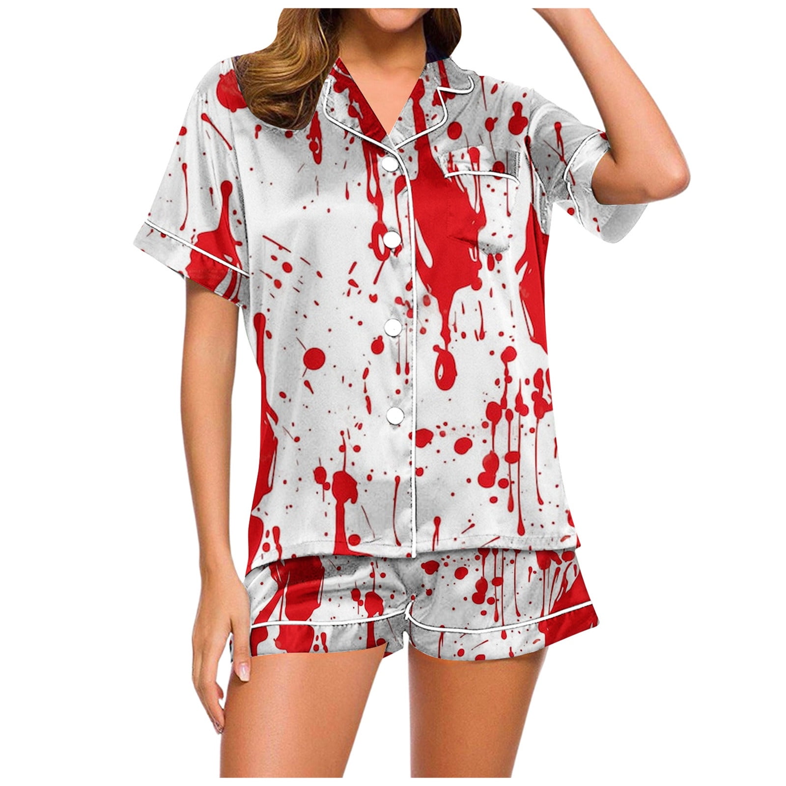 Fshinging Women #39 s Pajamas Set Bloodstain Print Color Block Short Sleeve Fshinging Women #39 s Pajamas Set Bloodstain Print Color Block Short Sleeve