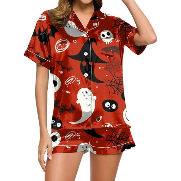 Fshinging Women's Pajamas Set Pumpkin Ghost Print Short Sleeve Shirts Tops Shorts 2 Piece Loungewear Sleepwear
