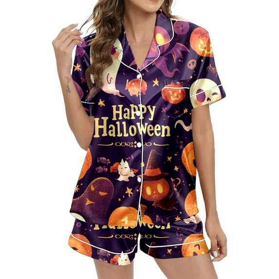 Fshinging Women's Pajamas Set Pumpkin Ghost Print Short Sleeve Shirts Tops Shorts 2 Piece Pjs Loungewear Set
