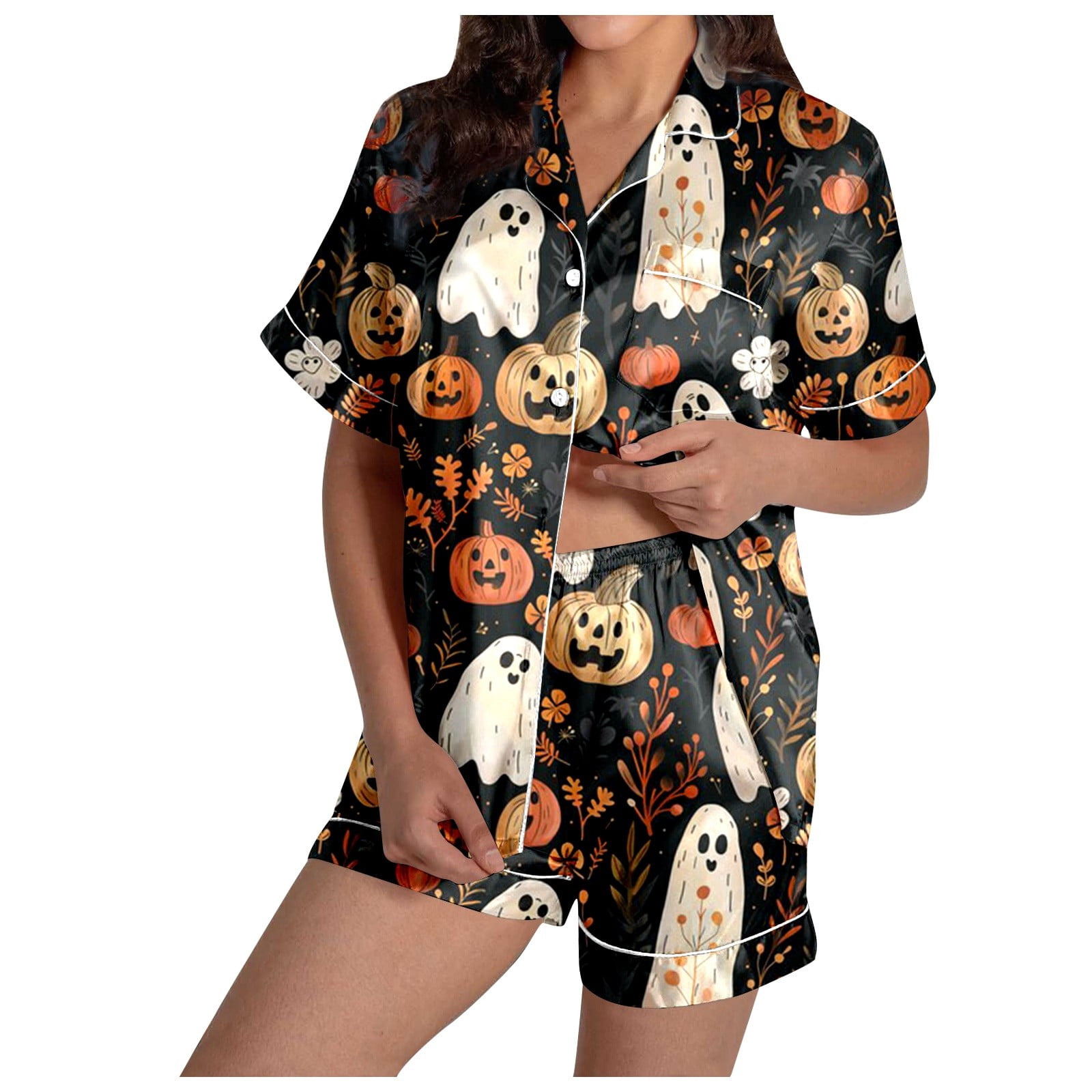 Women's Halloween Pajamas Set | 2 Piece Satin PJS With Ghost & Pumpkin Print | Long Sleeve Top & Pants | Cute Sleepwear