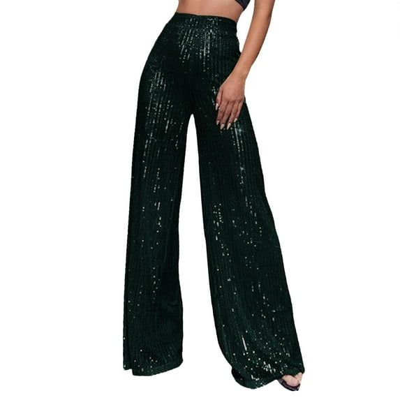 Fshinging Women's Pants Solid Glitter Sequin Wide Leg Straight Elastic High Waist Party Clubwear Trousers