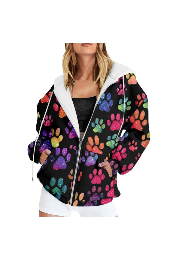 Women's Rainbow Paw Print Zipper Hoodie Jacket Oversize Long Sleeve Sweatshirt with Pocket Black 2XL