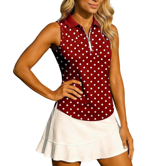 Fshinging Women's Sleeveless Golf Polo Shirt Elegant Polka Dot Zip Up Tennis Top Red XXL