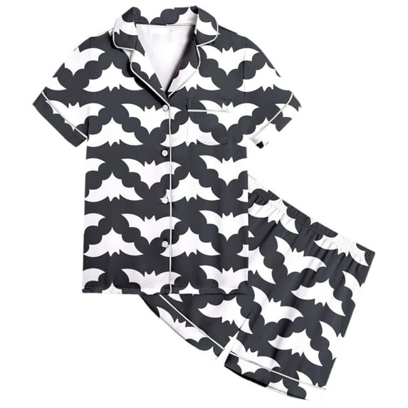 Fshinging Women's Summer Pajamas Lace Hem Deep V Spaghetti Strap Sleeveless Bottoms 2 Piece Set Summer Pumpkin Bat Print Cami Pjs Sleepwear