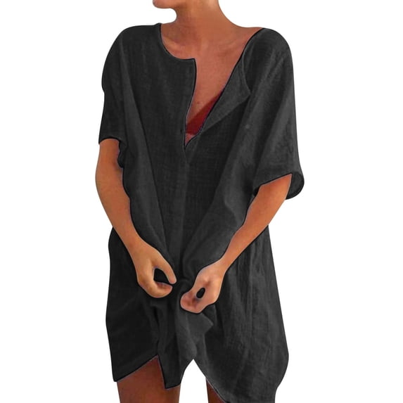 Fshinging Women's Summer T Shirts 2025 Solid Color Loose Casual Short Sleeve Button Up Mid-Length Shirts Dress Cover-Ups Beach Sunscreen Blouse Women Blouse Under 10 Dollars
