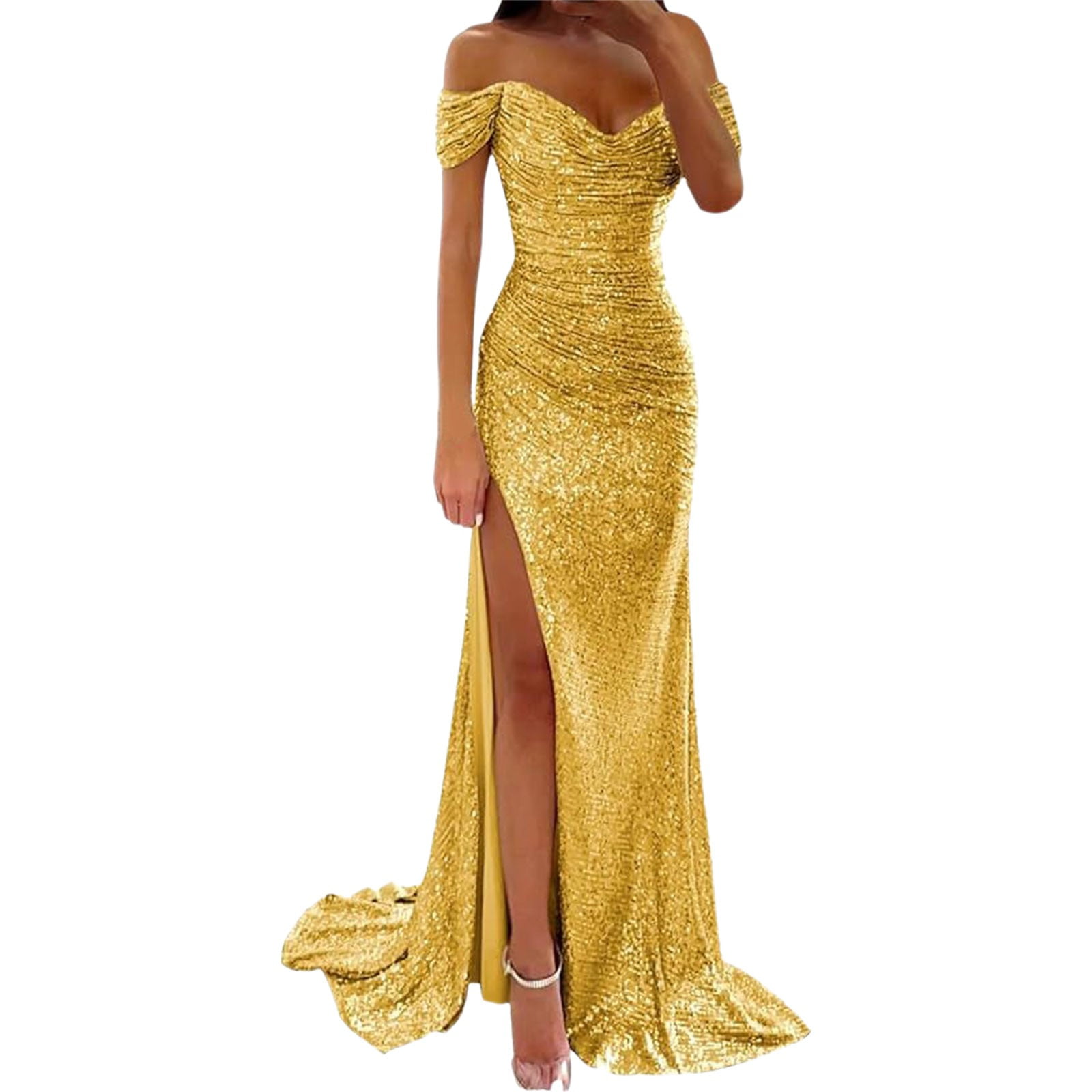 CWOAPO Sparkly Sequin Prom Dress - Spaghetti Strap Mermaid Gown With Tulle Train & Slit