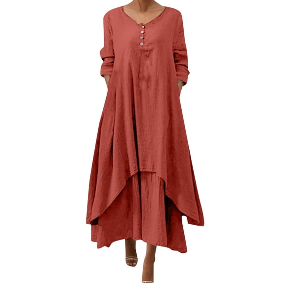 Fshinging Womens Dresses Irregular Solid Long Sleeve Long Casual Loose O Neck Vacation Dress
