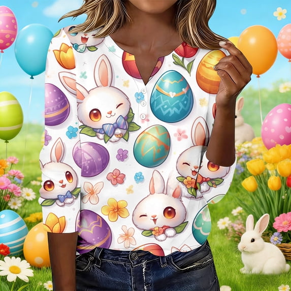 Fshinging Womens Fashion Tees Tops Easter 3/4 Sleeve Eggs Rabbit Graphic Crew Neck Athletic Blouse White L