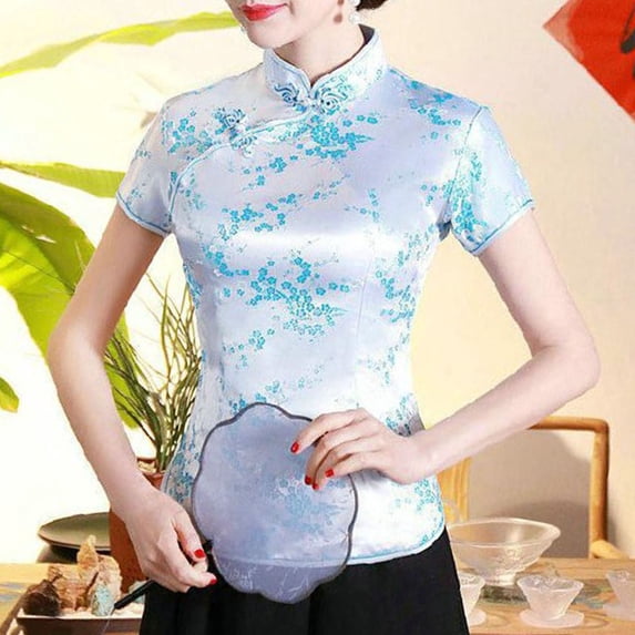 Fshinging Womens Fashion Tees Tops Elegant Cheongsam Floral Embroidery Short Sleeve Trendy Outfits Light Blue XXXL