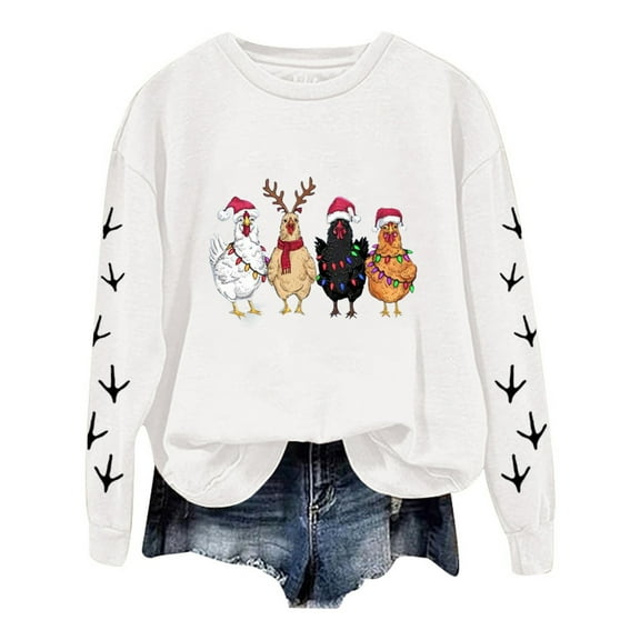 Fshinging Womens Hoodies Oversized Sweatshirts Christmas Chicken Printed Long Sleeve Crewneck Slim Pullover Sweaters