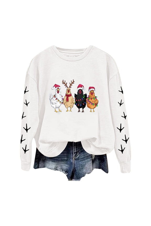 Womens Hoodies Oversized Sweatshirts Christmas Chicken Printed Long Sleeve Crewneck Slim Pullover Sweaters