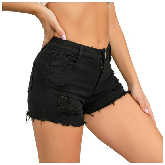 Fshinging Womens Lightweight Shorts Summer Hem Distressed Ripped Seniors Shorts Black