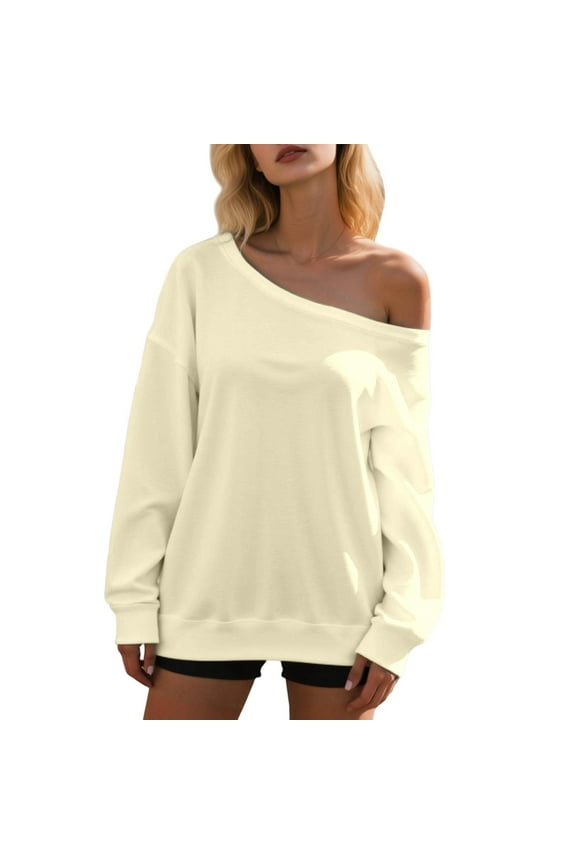 Womens Oversized Hoodies Sweatshirts Off Shoulder Long Sleeve Solid Crewneck Loose Fit Trendy Clothes