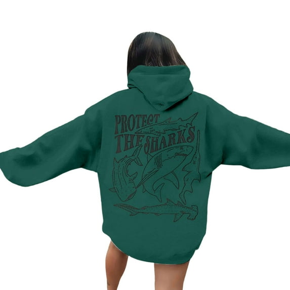 Fshinging Womens Oversized Sweatshirts Hoodies Letter Shark Print Long Sleeve Drawstring With Pockets Solid Color Fall Winter Clothes