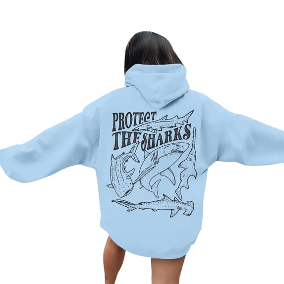 Fshinging Womens Oversized Sweatshirts Hoodies Letter Shark Print Long Sleeve Drawstring With Pockets Solid Color Pullover Sweaters
