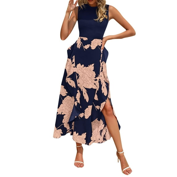 Fshinging Womens Summer Dresses Sleeveless Spring Crewneck Patchwork Boho Floral Ruffle Party Midi Formal Dress