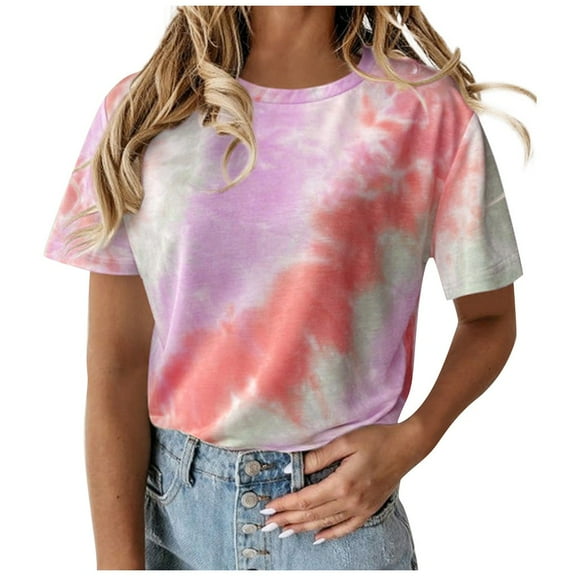 Fshinging Womens Summer Tops Tie-Dye Short Sleeve Crew-Neck Casual Tee Plus Size S-5Xl Tees Top