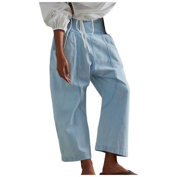 Fshinging Womens Sweatpants Denim Harem Loose Fit Wide Leg Cropped Barrel Jeans Plus Size Trousers