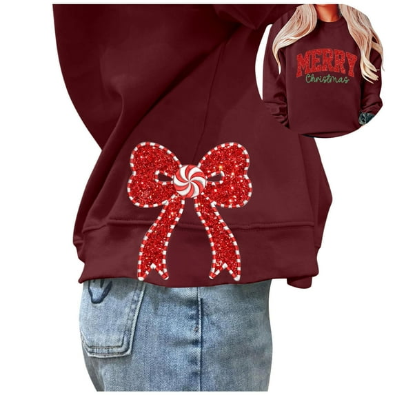 Fshinging Womens Sweatshirs Hoodie Tops Christmas Side Bow Applique Long Sleeve Crewneck Xmas Workout Clothes