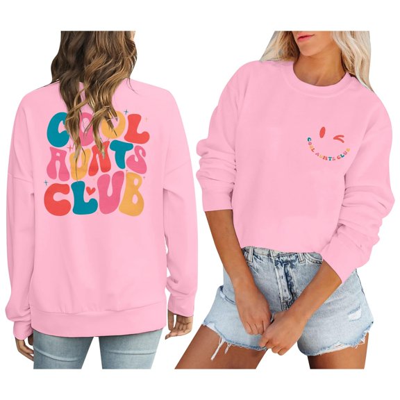 Fshinging Womens Sweatshirs Hoodie Tops Cool Aunt Club Crewneck Casual Long Sleeve Letter Print Plus Size Pullovers