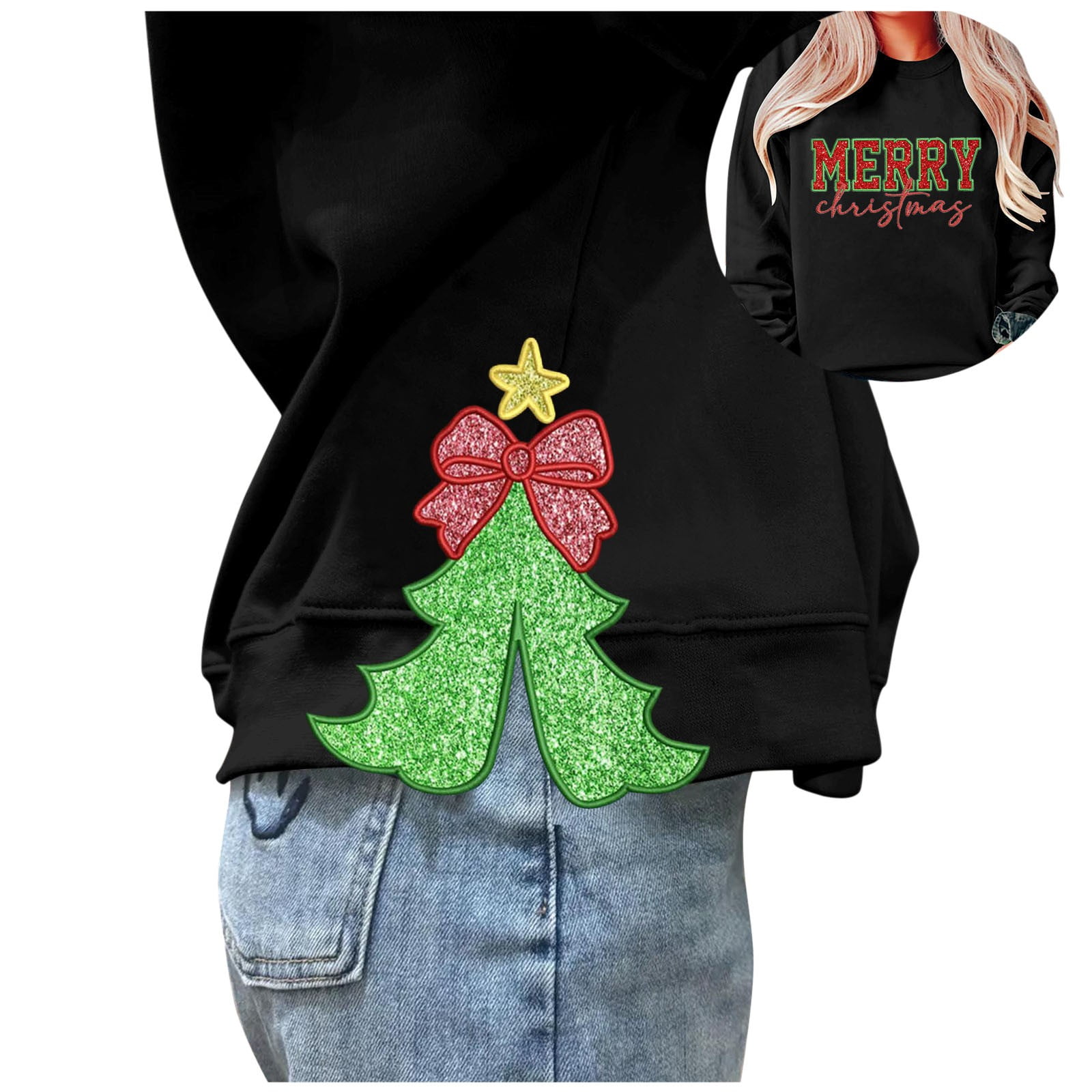 Fshinging Womens Sweatshirts Hoodies Bow Christmas Tree Letter Print Fshinging Womens Sweatshirts Hoodies Bow Christmas Tree Letter Print