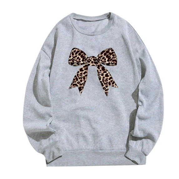Fshinging Womens Sweatshirts Hoodies Leopard Bow Print Long Sleeve Crew Neck Casual Y2k Clothes