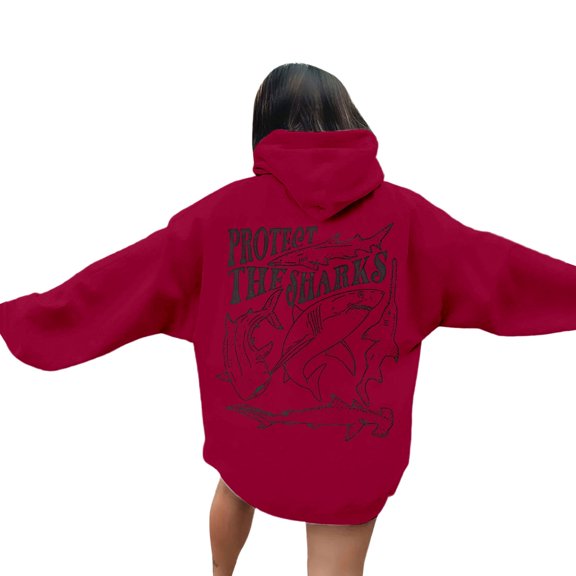 Fshinging Womens Sweatshirts Hoodies Letter Shark Print Long Sleeve Drawstring With Pockets Solid Color Fall Clothes