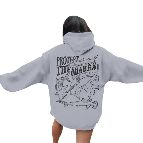 Fshinging Womens Sweatshirts Hoodies Letter Shark Print Long Sleeve Drawstring With Pockets Solid Color Lightweight Outfit