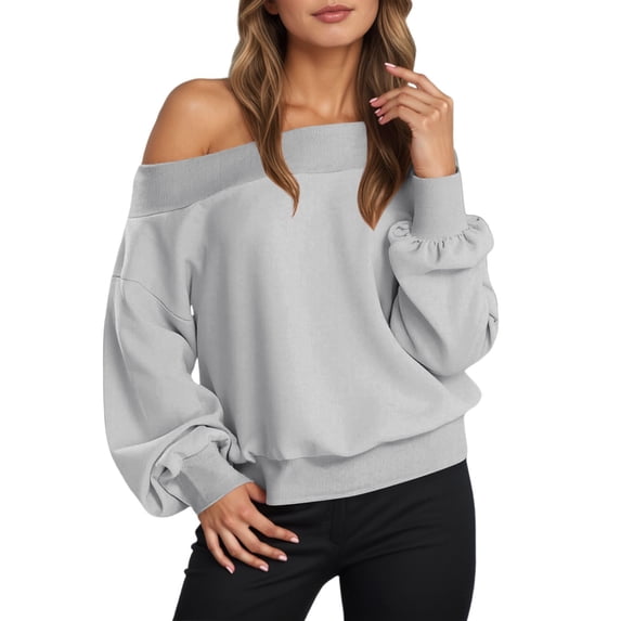 Fshinging Womens Sweatshirts Hoodies Off Shoulder Long Sleeve Solid Crewneck Loose Fit Fall Clothes