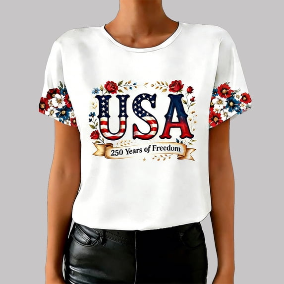 Fshinging Womens T Shirt 250 Anniversary Letter Print Patriotic Short Sleeve 4th of July Gift Clothes White L