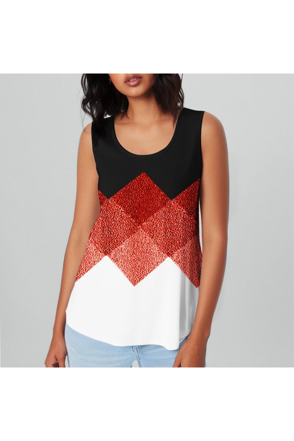 Womens Tank Top Plaid Color Block Sleeveless Summer Casual Slim Fit Camisole Shirts Red XXL