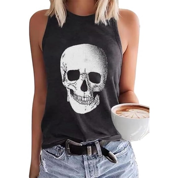 Fshinging Womens Tank Top Skull Graphic Summer Sleeveless Casual Cami Blouses Black L