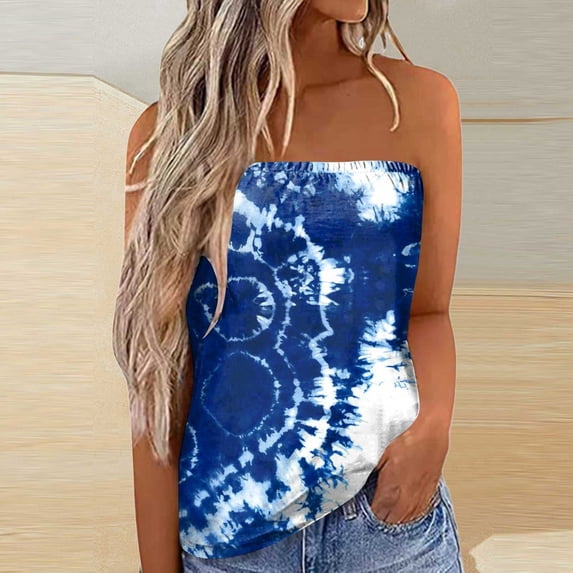 Fshinging Womens Tank Top Tie Dye Color Block Bandeau Holiday Sleeveless Tube Y2K Layering Shirts Blue XL