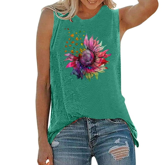 Fshinging Womens Tank Tops Colorful Print Casual Sleeveless T Shirts Summer Vest Plus Size Clothing
