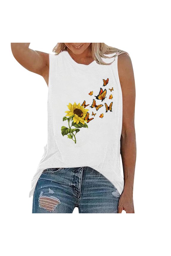 Fshinging Womens Tank Tops Sunflower Butterfly Print Casual Sleeveless T Shirts Summer Vest Lady Clothes