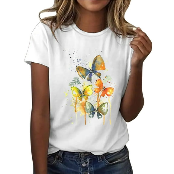 Fshinging Womens Tops Casual Beautiful Butterfly Printed Teea Short Sleeve Casual O-Neck Tunic Blouse