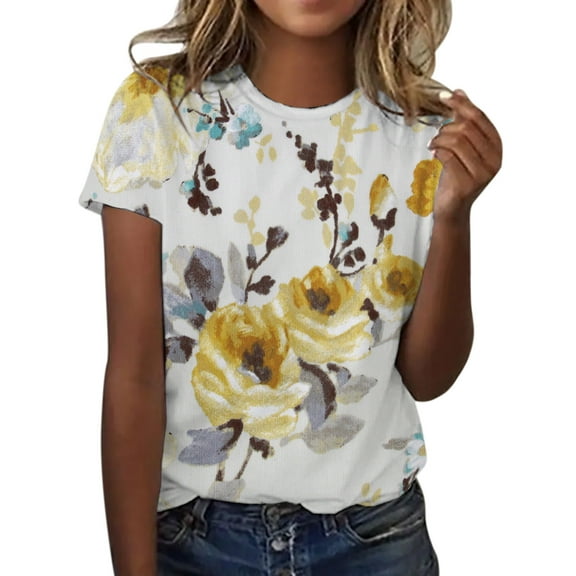 Fshinging Womens Tops Summer Floral Print Patchwork Short Sleeve Crew Neck Slim Tees Top