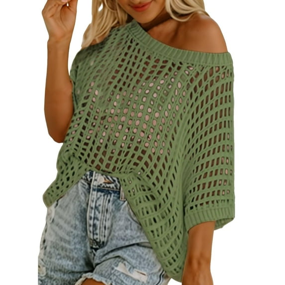 Fshinging Womens Tops T Shirts Womens Summer Scoop Neck Short Sleeve Sweater Casual Crochet Hollow Out Knit Tops Pullover Shirts Women Blouse Green XL