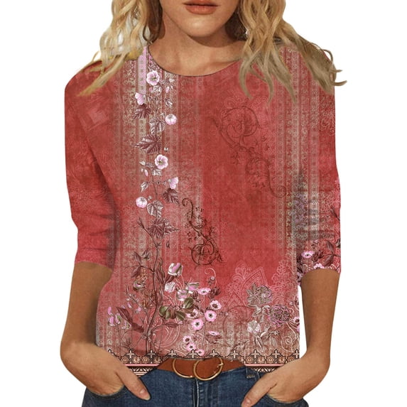 Comfortable T Shirts For Women Summer Tops Round Neck Three Quarter Sleeve Comfortable Floral Print Blouse