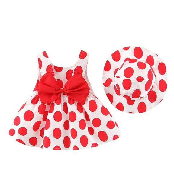 KDFJPTH Polka Dot Print Big Bowknot Sundress Fot Toddler Kids Summer Sleeveless A-Line Party Casual Dress With Straw Hats