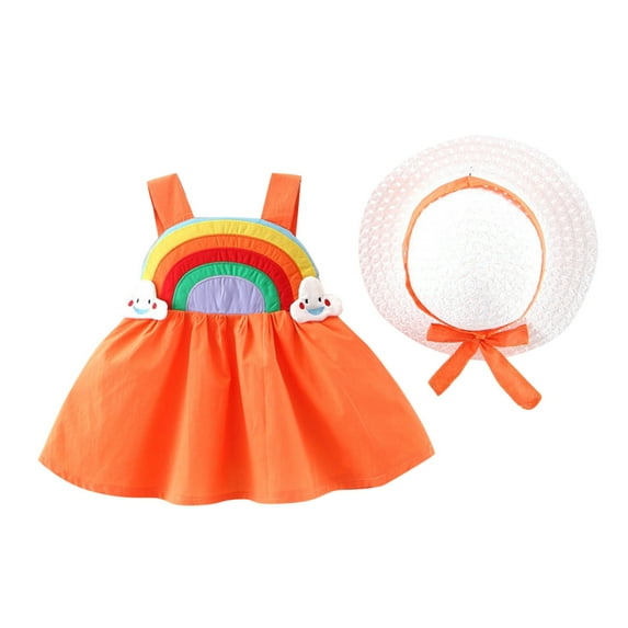 KDFJPTH Baby Girls Rainbow Patterns Dress With Hat Set Summer Sleeveless Outfit Kids Girls Princess Party A-line Dresses
